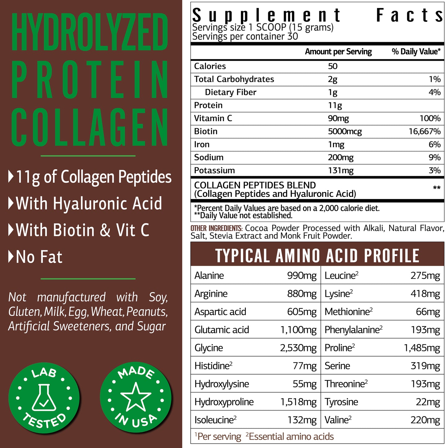 Chocolate Collagen Powder with Hyaluronic Acid, Biotin and Vitamin C