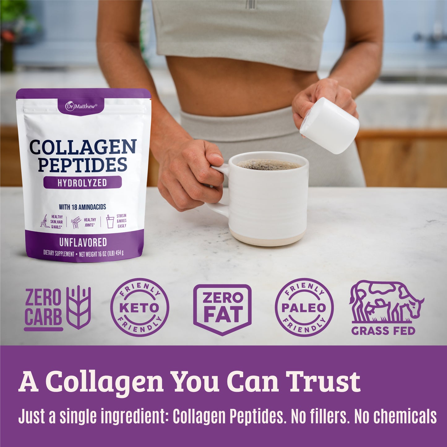 Collagen Protein Powder. Unflavored. Grass Fed. For Joints, Skin, Hair Growth & Muscle Recovery.