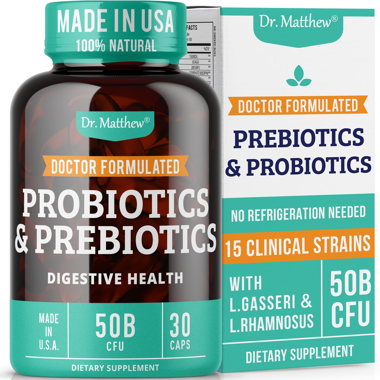 Probiotic Supplement with Prebiotic. 15 Strains. 50 Billion CFU.