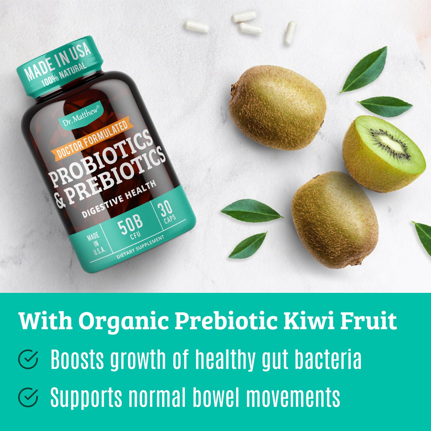 Probiotic Supplement with Prebiotic. 15 Strains. 50 Billion CFU.