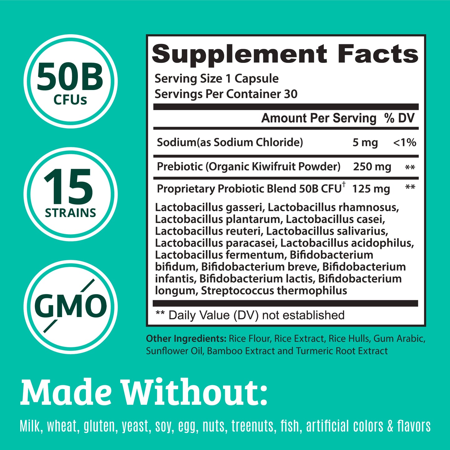 Probiotic Supplement with Prebiotic. 15 Strains. 50 Billion CFU.