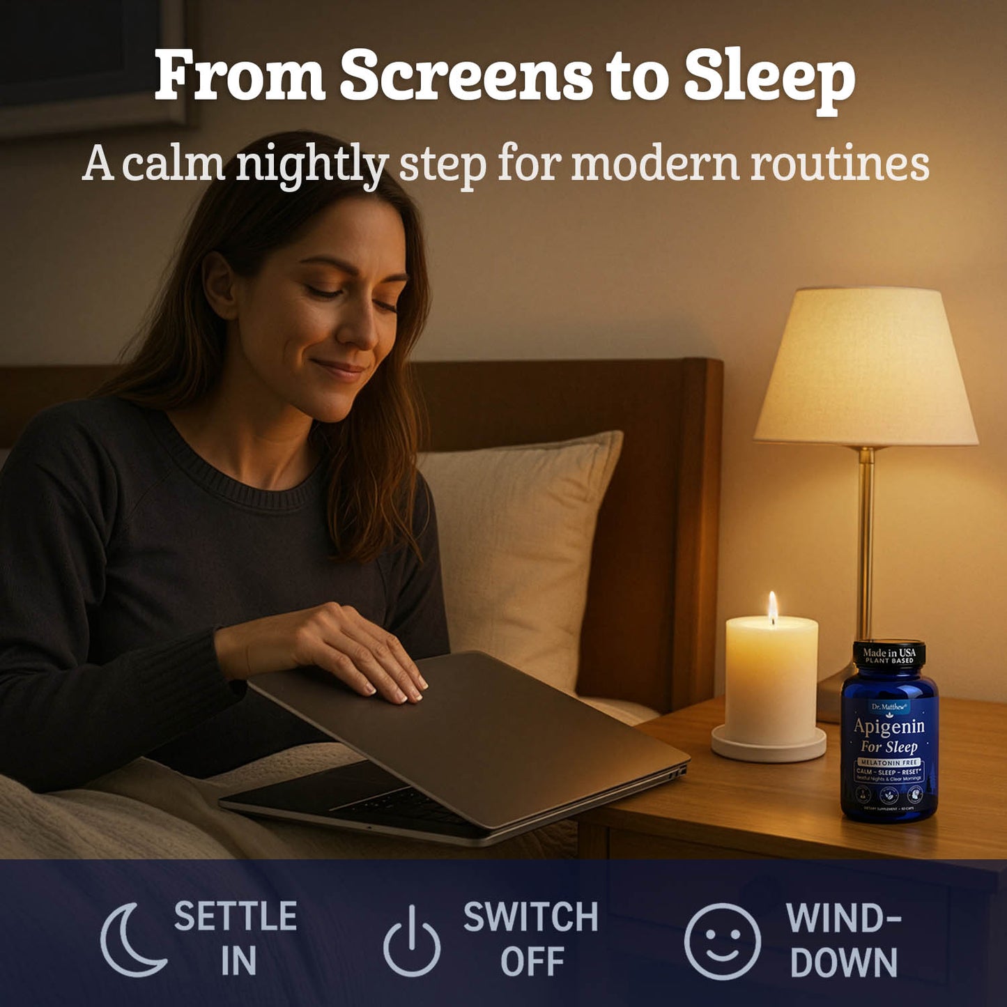 Apigenin Supplement for Sleep — Melatonin Free, Plant-Based Nighttime Support — With Magnesium, L-Theanine, Lemon Balm, Valerian, Passion Flower & Black Pepper — Restful Nights & Clear Mornings