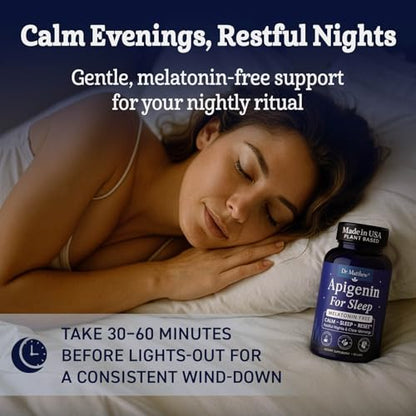 Apigenin Supplement for Sleep — Melatonin Free, Plant-Based Nighttime Support — With Magnesium, L-Theanine, Lemon Balm, Valerian, Passion Flower & Black Pepper — Restful Nights & Clear Mornings