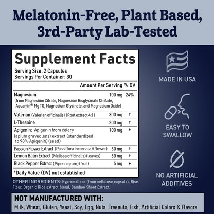 Apigenin Supplement for Sleep — Melatonin Free, Plant-Based Nighttime Support — With Magnesium, L-Theanine, Lemon Balm, Valerian, Passion Flower & Black Pepper — Restful Nights & Clear Mornings