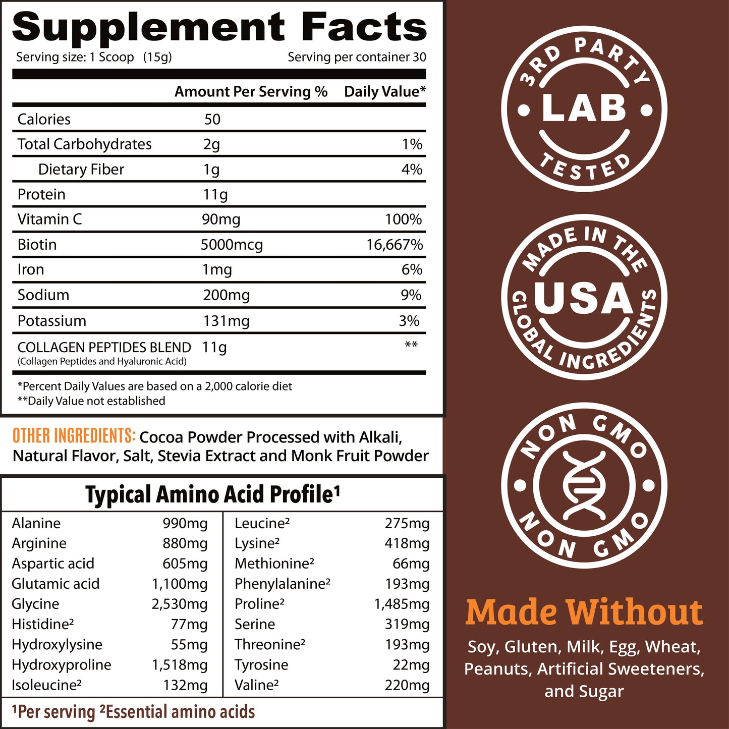 Chocolate Collagen Powder with Hyaluronic Acid, Biotin and Vitamin C