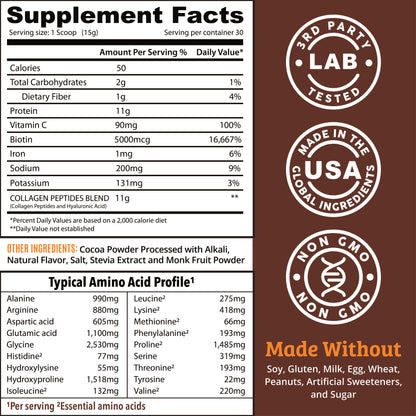Chocolate Collagen Powder with Hyaluronic Acid, Biotin and Vitamin C