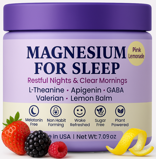 Magnesium Powder for Sleep—Melatonin-Free Night Drink. Sleep Aid with Magnesium Glycinate + Citrate, GABA, L-Theanine, Apigenin, Valerian & Lemon Balm—Sugar-Free